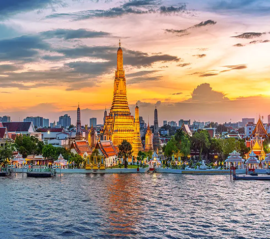 Golden temple in Bangkok at sunset