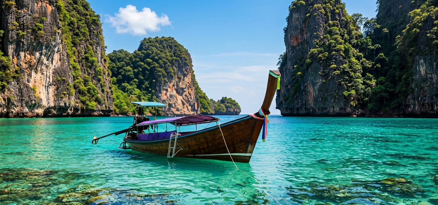 Turquoise bay with limestone cliffs and a traditional Thai long-tail boat