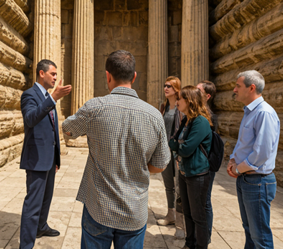 Tour guide with travelers at a historic site